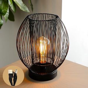 JHY DESIGN Cage Table Lamp Battery Powered, 25cm High Large USB Pluggable Double Metal Mesh Lamp with 6 Hour Timer for Gift Garden Indoor Bedroom Living Room(Round, with 1M USB Power Connection)