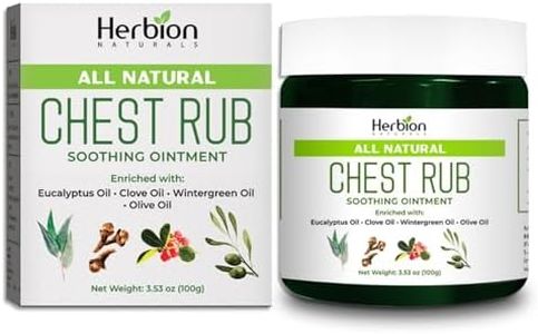 Herbion Naturals Chest Rub, 3.53 oz – Natural Ointment with soothing vapors which gently comfort adults & children. Olive oil, Eucalyptus oil, Clove oil, Wintergreen oil, Beeswax & Vitamin E.