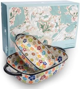 Polish Pottery Style Ceramic Baking Dish Set, 2-Piece Casserole Bakers for 2–3 People, Floral Decorative Bakeware, Oven Safe Lasagna Pan, Microwave Dishwasher Safe, Gift-Ready, Protective Packaging