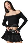 SIGHTBOMB Off Shoulder LACE Trim Crop Length Full Sleeve Ribbed TOP for Women (in, Alpha, S, Regular, Black)