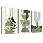 3 Pcs Wooden Framed Canvas Wall Art Abstract Botanical Green Leaf Canvas Prints Geometric Line Beige Green Pictures for Living Room Bedroom Kitchen Hallway Stairs Wall Decor 150x70cm(20"x28"x3pcs)