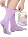 Frelimiu Diabetic Socks with Grippers for Women-4 Pairs Bamboo Viscose Hospital Grip Socks, Non Slip Crew Socks with Non Binding Loose Fit for Neuropathy Edema Elderly 4-7