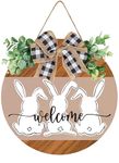 Baokcotei Easter Wood Wreath for Front Door Wooden Hanging Sign Bunny Rabbit Welcome Sign Door Decoration with Bow Rustic for Easter Spring Holiday Home Coffee Shop Bakery Farmhouse Window