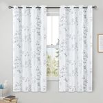 Beauoop 95% Blackout Window Curtain Panels Floral Botanical Print Room Darkening Thermal Insulated Energy Efficient Drapes Leaf Grommet Top Window Treatment Set, 52 by 63 Inch, White/Gray (2 Panels)