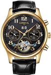 Carnival Complications Calendar Automatic Mechanical Analog Movement Skeleton Watches for Men (Calfskin Band-Gold Color Case-Black Dial)