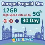 Europe Prepaid SIM Card | 30 Day Use | 12GB of 5G/4G Speed Data | Unlimited Calls & SMS | Use in the UK, Switzerland & 30+ EU Countries | Plug & Go - NO Activation Needed!
