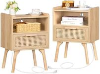 Lerliuo Rattan Nightstands Set of 2 with Charging Station, Boho Side Table with Drawer Open Shelf, Cane Accent Bedside End Table with Solid Wood Legs for Bedroom, Dorm and Small Spaces (Natural)