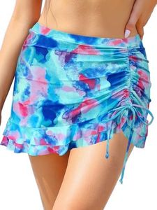 SHEKINI Women's Swimdress Ruffle Swim Skirt High Waist Side Pull Tie Swimsuit Bottom, Blue Tie Dye, X-Large