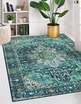 Moynesa Ultra-Thin Washable Vintage Area Rug - 5x7 Large Living Room Rug Boho Oriental Medallion Bedroom Mat Non-Slip Non-Shedding Dining Room Floor Carpet for Home Office, Teal/Mutil