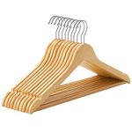 SONGMICS Wooden Hangers, Set of 10, Coat Hangers, Clothes Hangers, with Shoulder Notches, Anti-Slip Trousers Bar, 360° Swivel Hook, for Suits, Shirts, Coats, Natural CRW001-10