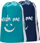 CJWLKJ 2 Pack XL Wash Me Travel Laundry Bag with Strap, Dirty Clothes Organizer, Carry Up to 4 Loads of Laundry, Easy Fit a Laundry Hamper or Basket, Sky Blue and Blue