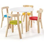 COSTWAY 5-Piece Kids Table and Chair Set, Children Wooden Activity Table with 4 Curved Back Chairs, Toddler Home Playroom Classroom Daycare Furniture for Playing, Drawing, Reading (Red+Blue+Yellow)