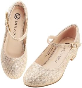 LseLom Girls Dress Shoes-Mary Jane Shoes for Girls Low Heel Princess Hook and Loop Dress Shoes Party Wedding Flats for Little/Big Kids, Gold, 13 Little Kid