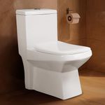 Hindware Italian Collection Enigma One Piece Floor Mount Western Commode for Bathroom | Made of Ceramic | S-300 Trap | Soft Close | Star White | Geometric Shape | Floor Mount Ewc | 10-Year Warranty