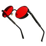 Red Circle Steampunk Sunglasses For Women, Professional UV Round Gothic Glasses, Excellent Quality Metal Frame (Red)