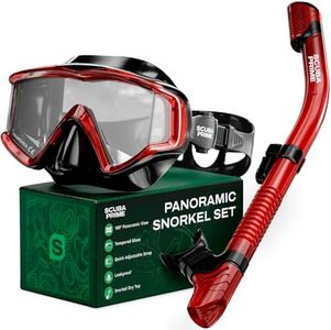 Pano 3 Snorkeling Set with Dry Top Snorkel, 180° Panoramic Dive Mask Tempered Glass Three-Window Scuba Mask, Foldable Silicone Tube Anti-Leak Gear for Men Women Teens Adults, Red - High Visibility