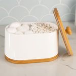 DAILY RITMO® White Cotton Swab & Ball Holder | 2 Compartment Container with Air Tight Seal Bamboo Lid