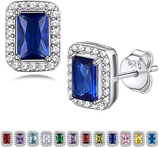 Bestyle Adorable September Sapphire Birthstone Stud Earrings 925 Sterling Silver CZ Square Gemstone Studs Earrings Great Birthday Gift for Wife/Mom/Grandma