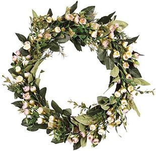 FLAMEER Spring Wreaths, 16" Artificial Door Wreath with Eucalyptus Leaves & Little Flowers for Front Door Farmhouse Wreath Greenery Wall Indoor Outdoor Décor - Light Color