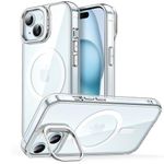 JETech Kickstand Case for iPhone 15 6.1-Inch Compatible with MagSafe, Built-in Camera Ring Stand, Shockproof Phone Bumper Cover, Magnetic Anti-Scratch Clear Back (Clear)