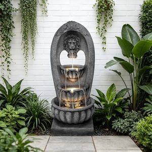 Solarbloom Lion Head Water Fountain Outdoor, 4-Tier Classical Lion Face Waterfall Fountain with LED Lights, Large Garden Decor Water Feature for Patio Porch Yard Backyard Farmhouse