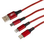 Maplin USB-A to 3 in 1 Multi Charging Cable USB-C & Lightning & Micro USB-B Braided 1.2m Red, for iPhone 15,14,13,12,11, iPad, Android phones Samsung S7/S6/S5, Sony, Huawei, PS4, HTC, Kindle, Camera