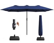 KEPLIN Double Garden Parasol with Base and Cover 4.5x2.7m – Extra Large Outdoor Patio Umbrella, 12 Steel Ribs, 180gsm Polyester Canopy, Crank Handle, Weather Resistant Shade, UV Protective, Navy