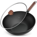 Jobin 33cm/5.6L Non Stick Wok with Lid Carbon Steel Frying Pan No Chemical Coated and Large Capacity for Cook Asian Dishes for 4-6 People, Ideal for Induction, Gas, All Hobs