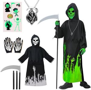 Deguisement Faucheuse Enfant Costume Faucheur Enfant Deguisement Squelette Fille Garcon 7 8 9 ans Fluo Squelette Déguisement Faucheuse Halloween Cape à Capuchon Squelette Masque Faucheuse Cosplay