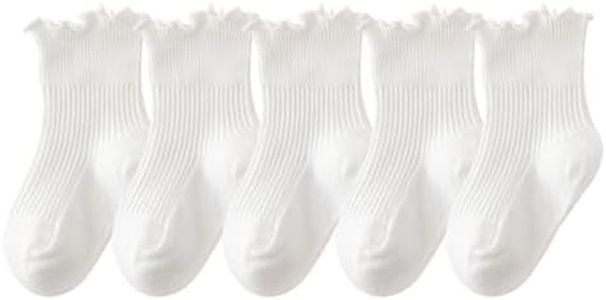 WATOCHE Baby Girl Ruffle Socks Toddler White Frilly Dress Cotton Crew Socks for Infant/Little Girl(Ruffle,9-12T)