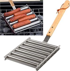 Hot Dog Roller,Sausage Roller, BBQ Hot Dog, Hot Dog Roller Rack with Long Wooden Handle,Stainless Steel Hot Dog Sausage Roller,Stainless Steel BBQ Sausage Roller Grill for BBQ, Grilling, Camping