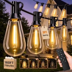 TONGZESS 160FT Outdoor String Lights, 2FT Spacing 75 LED Edison Bulbs, Waterproof, Shatterproof, Dimmable, Warm White, 3 Modes, Timer, Low Voltage Plug in Hanging Backyard Lights for Outside, Patio