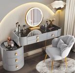 GOOCOO VV Dressing Tables with Mirror And Stool - Vanity Desk Set with 6 Drawers, Touch Screen Makeup Mirror with 3-Color Dimmable Lights, Bedroom Vanity for Girls And Women (Grey 100cm)