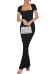 oten Women's Elegant Short Sleeve Square Neck Bodycon Maxi Dresses Sexy Ribbed Soft Lounge Long Dress 2024 Black