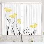 Riyidecor Yellow Flower Kitchen Curtains 27.5x39 Inch Floral Petals Rod Pocket Leaves Woman Girl White Plant Silhouettes Printed Living Room Bedroom Window Drapes Treatment Fabric 2 Panels WW-TGNA