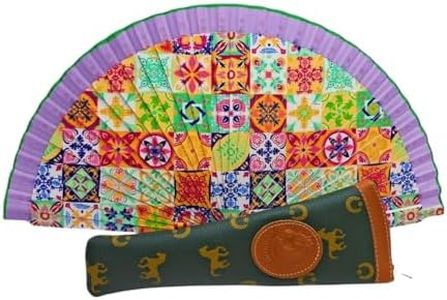 Folding Fan with Leather Case, Wooden Mosaic Pattern Fan Includes a Beautiful Flamenco Design Magnet. (Green Case)