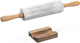 Navaris Marble Rolling Pin and Stand - Set Includes Marble Rolling Pin with Wooden Handles and Stand - for Kitchen, Baking, Dough, Fondant - White