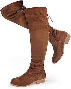Hawkwell Women's Thigh High Fashion Boots Over The Knee Brown Low Flat Heel Boots,Brown Faux Suede,8 M US