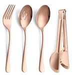 Large Copper Serving Utensils Set of 8, E-far Stainless Steel 9.8 Inch Serving Spoons Slotted Spoon, 9.9 Inch Serving Forks, 9.4 Inch Serving Tong for Buffet Catering, Mirror Finish & Dishwasher Safe