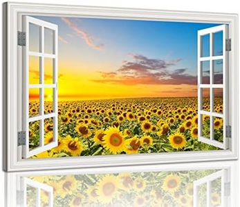 Sunflower Wall Art Decor for Living Room Window Style Sunset Canvas Picture for Bedroom Realism Yellow Flowers Filed Artwork for Bathroom Nature Landscape Prints Paintings for Kitchen Home Office