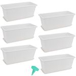 PINGEUI 6 Pack 43cm Plastic Window Box Planter, Rectangular Windowsill Planter Countryside Flower Box Planter, Vegetable Growing Containers with Trays and 30 PCS Plant Labels, White