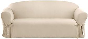 SureFit Home Décor Duck Cotton Solid Sofa Slipcover (Natural Color) - One Piece Full Length Relaxed Sofa Cover with Corner Ties/Machine Washable/Perfect for Protecting Your Favorite Furniture