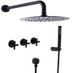 RBROHANT Matte Black Rain Shower System, Black Brass Wall Mount Shower Faucet Set, 10 Inch High Pressure Round Rain Shower Head with Handheld Spray, Rough-in Valve Included, RB0824