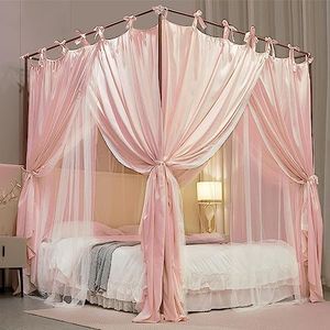 AIOOO 4 Corners Post Princess Curtain Bed Canopy Double Layer Cozy Mosquito Net Mesh and Cloth for Girls Adults Bedroom Decoration (Double-Beigepink/White, 59" W*82" L*82"*H/(Queen))