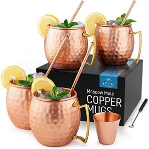 Zulay Copper Mugs Moscow Mule Set Of 4-16oz Handcrafted Moscow Mule Mugs with Hammered Finish - Pure Solid Copper Moscow Mule Cups Set Of 4 Includes 1 Shot Glass, 4 Straws & 1 Cleaning Brush