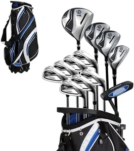 18 Piece Men's Complete Golf Club Package Set With Titanium Driver, #3 & #5 Fairway Woods, #4 Hybrid, 5-SW Irons, Putter, Stand Bag, 4 H/C's (Blue, Tall Size +1")