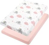 TILLYOU 2 Pack Mini Crib Sheets, Pack n Play Sheets, Fitted Playpen Mattress Sheet for Stretchy Jersey Knit Portable Mini Crib, Play Yard, Playard Bedding Sheet for Boy Girl, Elephants Clouds&Pink