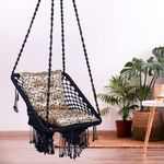 Patiofy Polyester Swing/Swing For Balcony, Jhula Swing Chair For Adults For Home/Swing For Living Room Premium Square Swing With Golden Floral L Cushion&Free Hanging Kit Included-Navy Blue