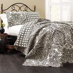 Lush Decor Aubree Quilt Paisley Damask Print Pattern Reversible 3 Piece Lightweight Bedding Blanket Bedspread Set, King, Black & White