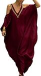 Bsubseach Cold Shoulder V Neck Plus Size Bikini Swimsuit Cover Ups Beach Kaftan Dresses for Women Wine Red